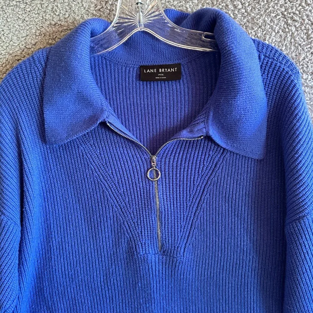 Lane Bryant‎ Sweater Womens 14-16 Blue Ribbed 1/4 Zip Collared Pullover Casual